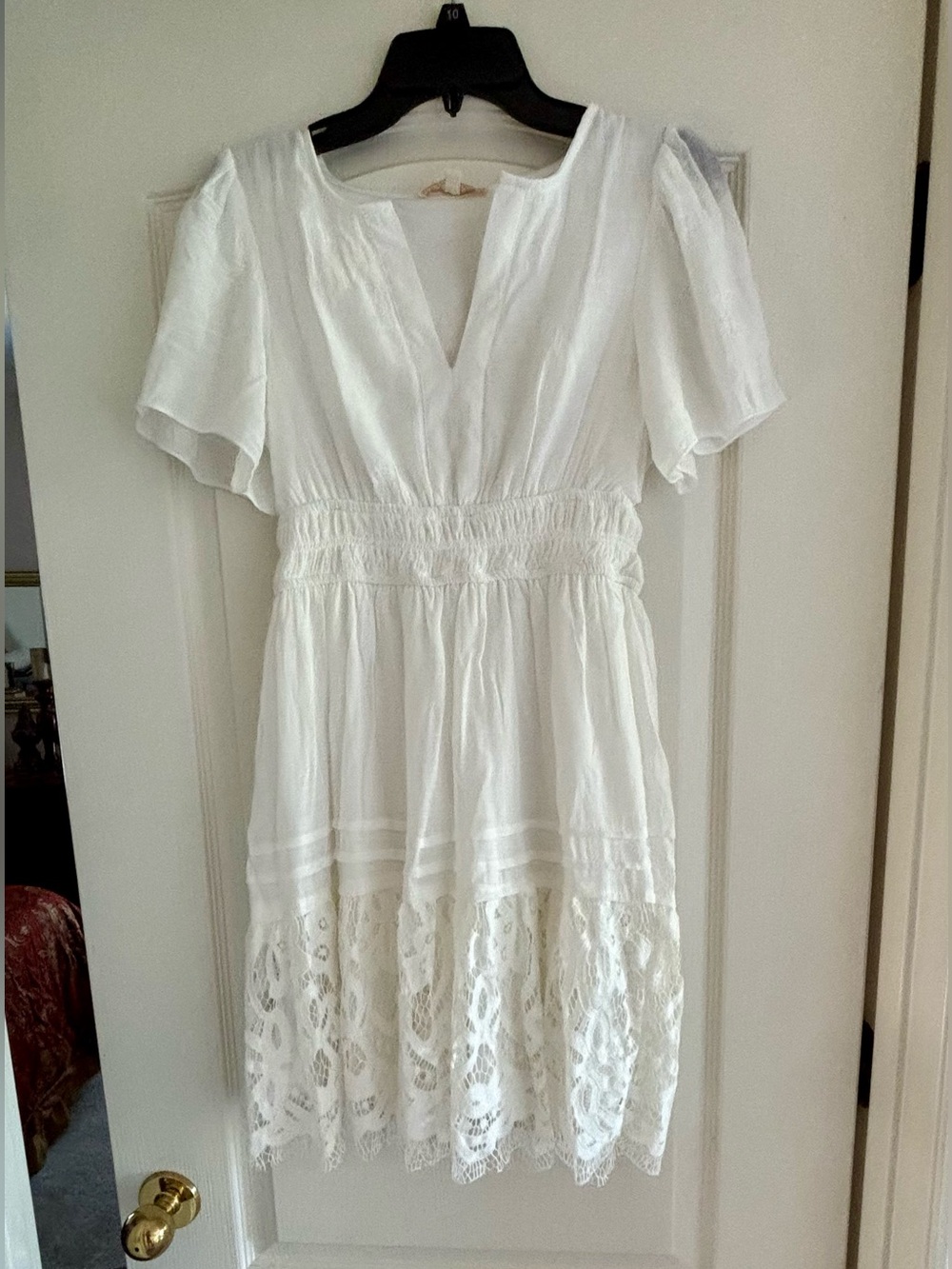 NWT Kings Rd. sz Petite Small PS White Lace-Trim V-Neck Mini Dress cottage boho